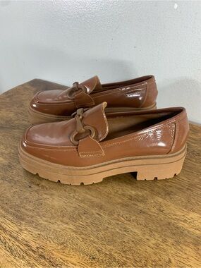 L’intervalle womens brown patent leather chunky platform horsebit loafers